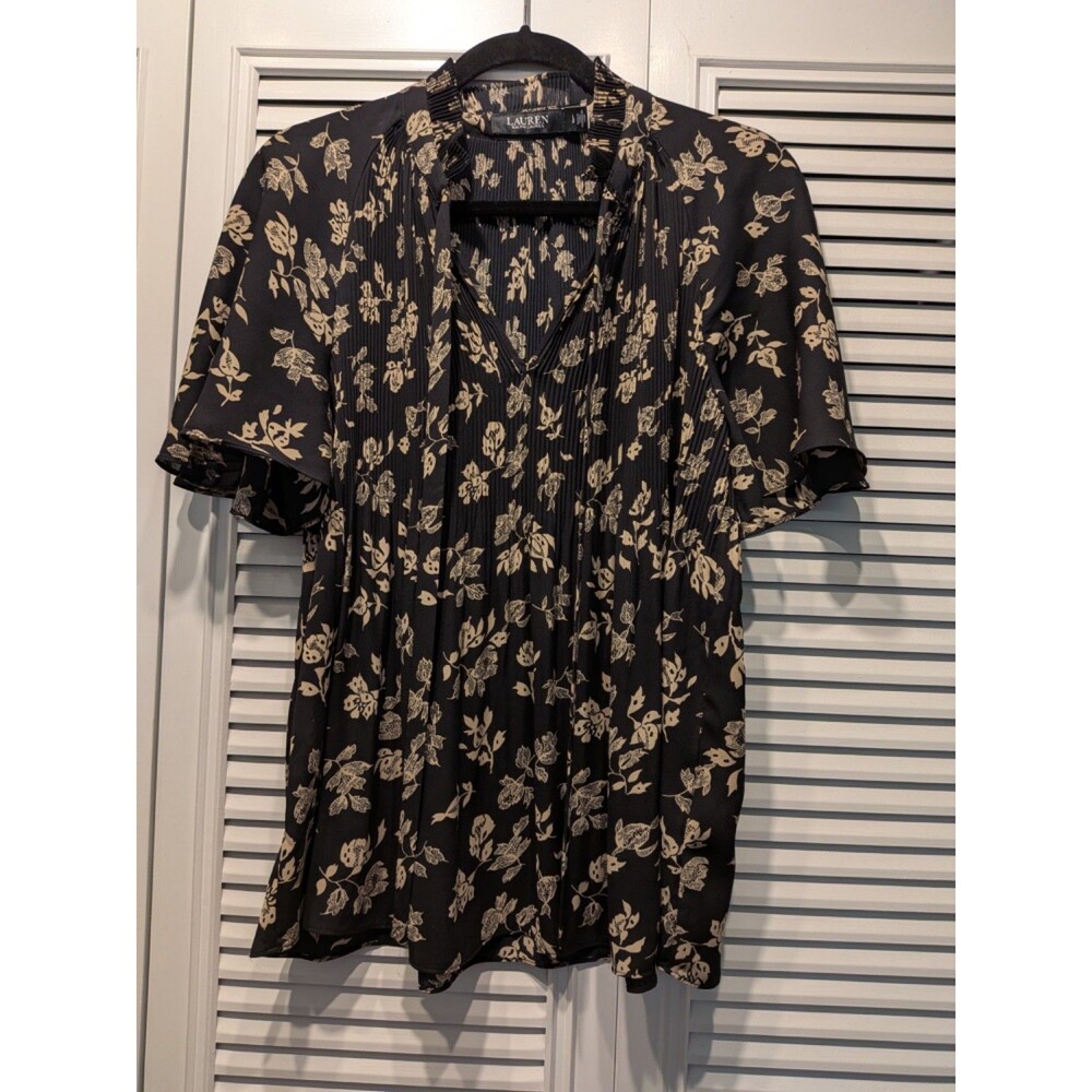 Lauren Ralph Lauren Black Floral Pleated Tie Neck Flutter Sleeve Blouse Size L
